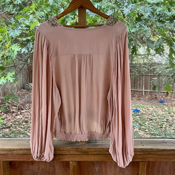 Anthropologie Maeve Kristie Sequined Peasant Blouse Beige Tan Size L - Picture 3 of 8